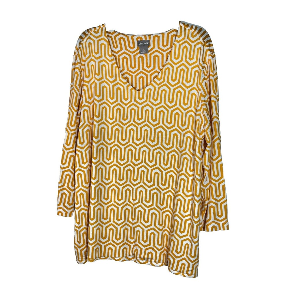 chicos Orange Art Deco 3/4 Sleeve Blouse Top Sz 2 Large